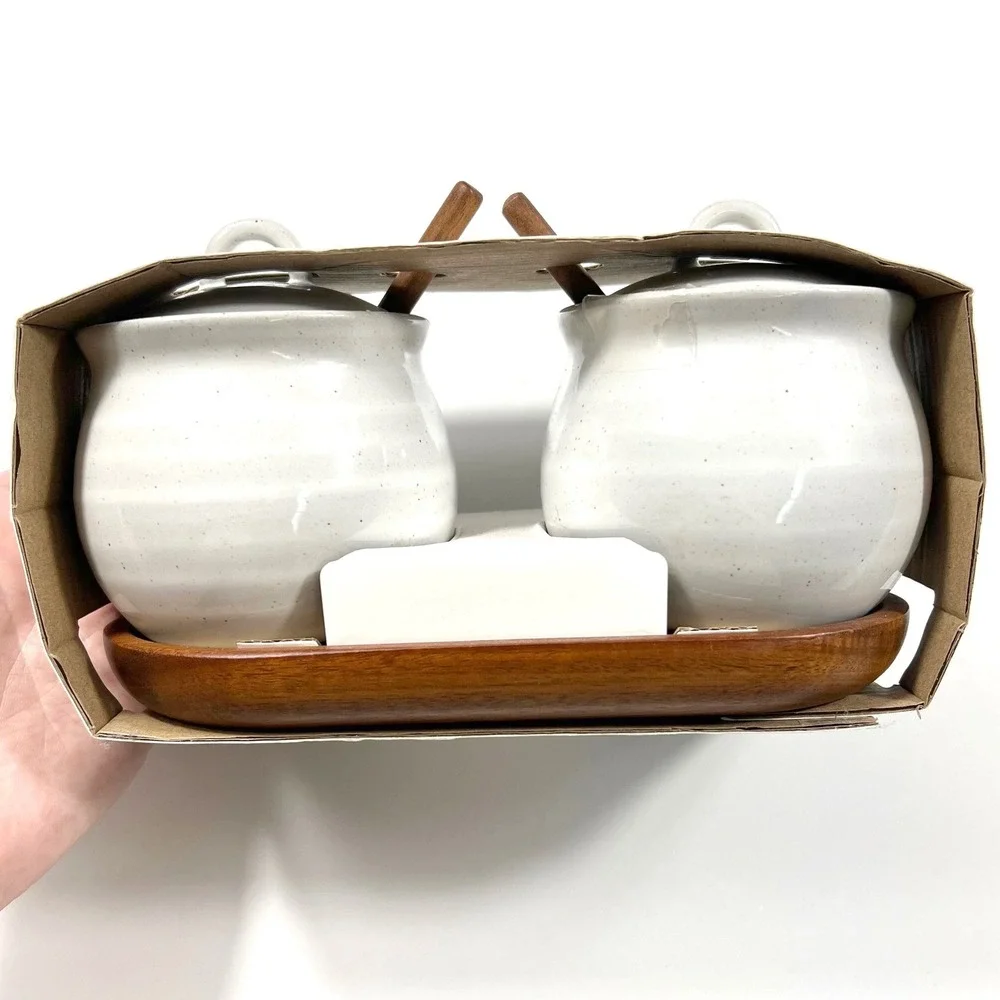Hearth & Hand Magnolia Salt & Pepper Cellar Set White Stoneware Acacia Wood 5pc